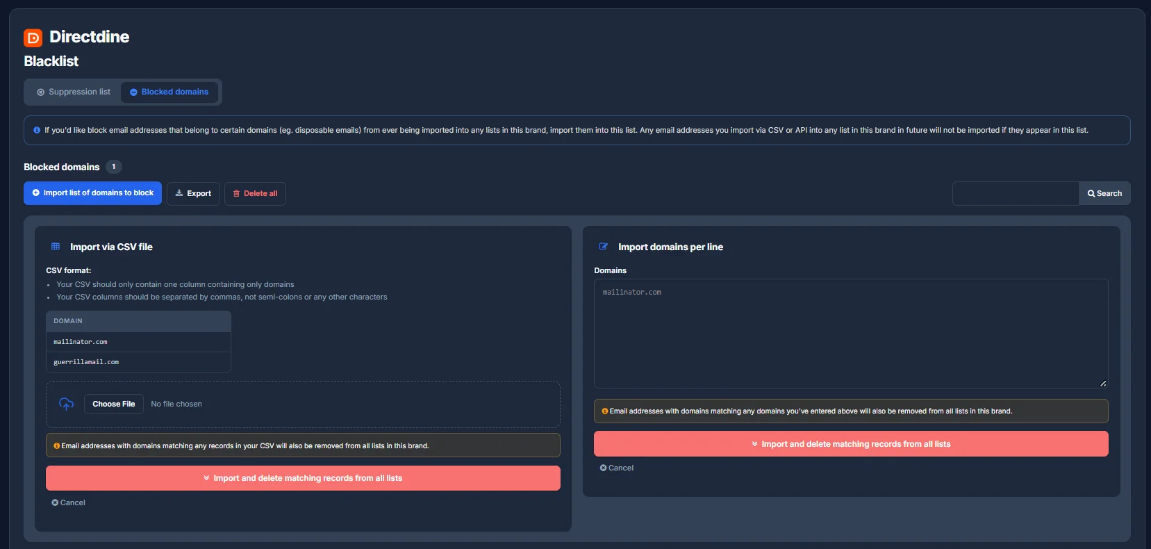 The Import list of domains to block form, with the same CSV and paste-per-line options