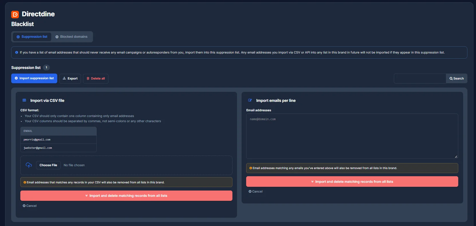 The Import suppression list form, with CSV upload and paste-per-line options side by side