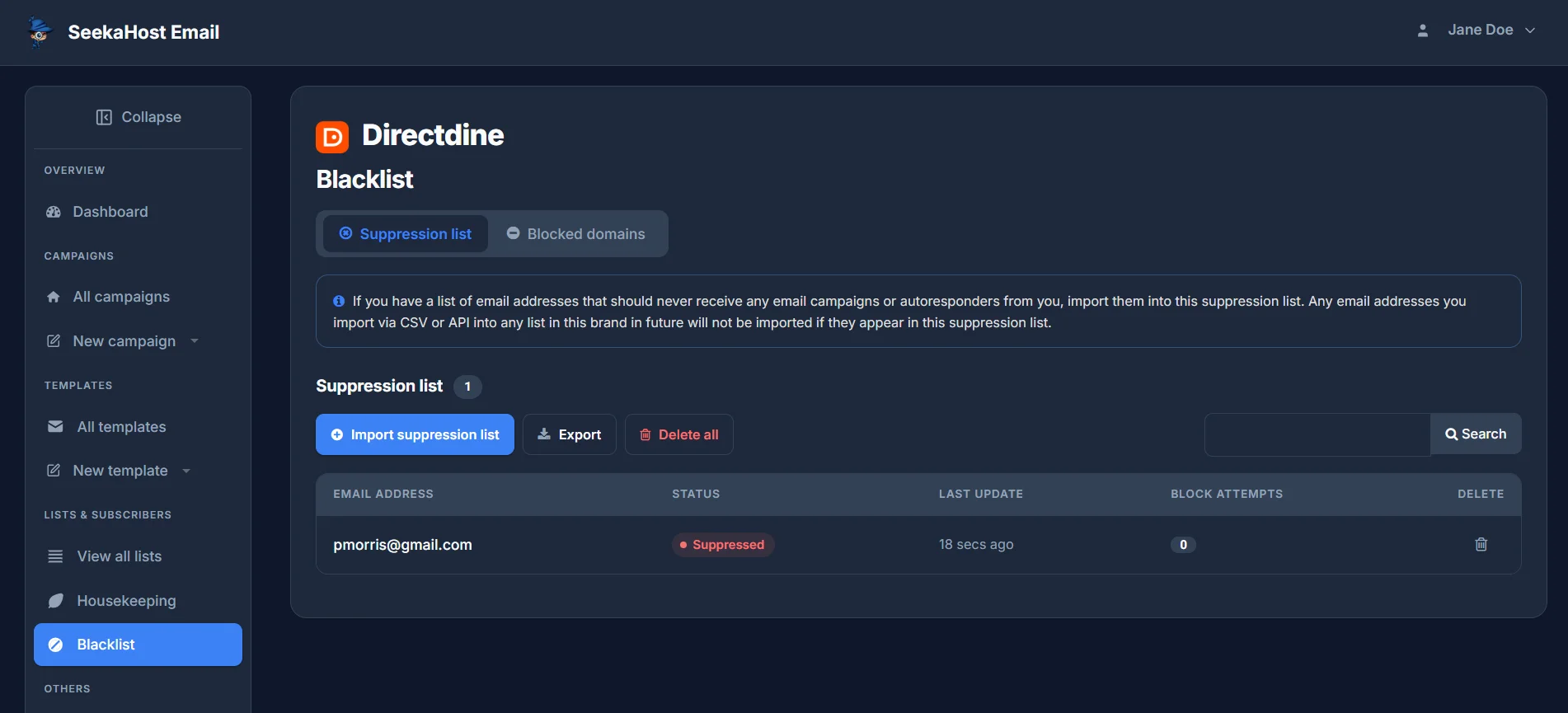 The Blacklist page's Suppression list tab, listing a suppressed email address with its block-attempt count