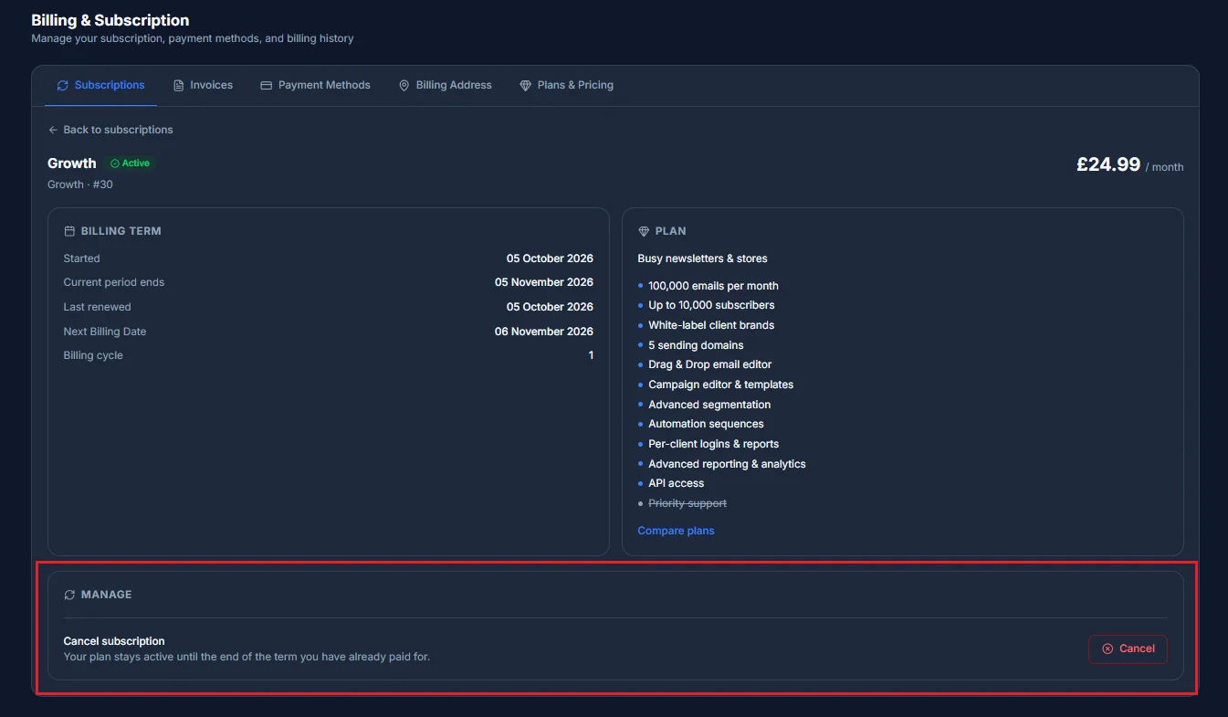 The Cancel subscription option on a subscription's detail page, stating the plan stays active until the end of the paid term