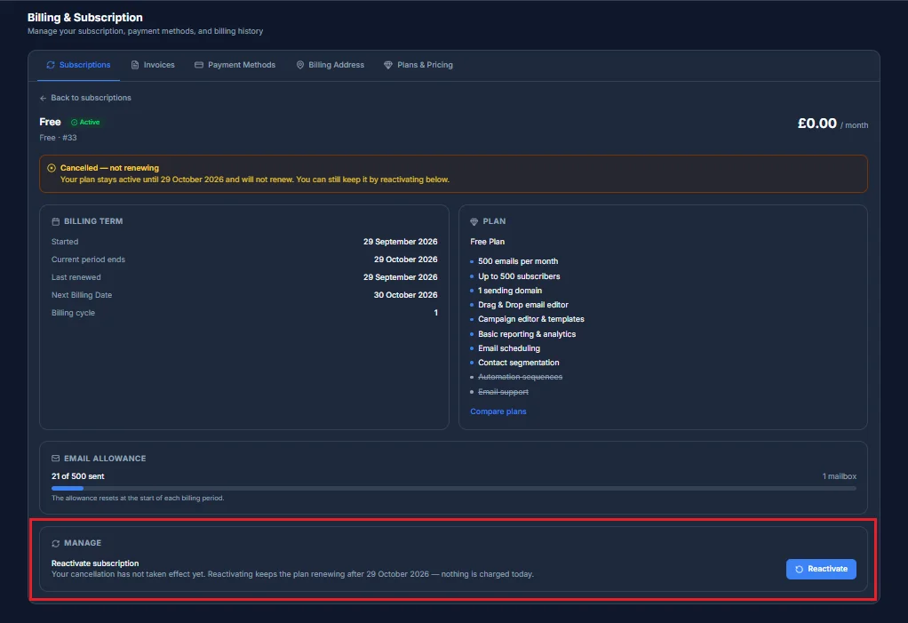 The Reactivate option on a subscription that's cancelled but hasn't lapsed yet, stating nothing is charged today