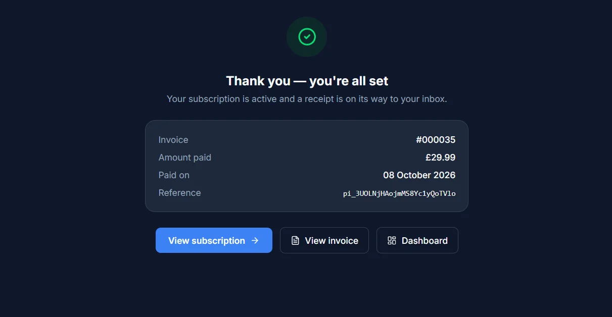 The checkout confirmation page, showing "Thank you - you're all set" with the invoice number, amount paid, date and payment reference
