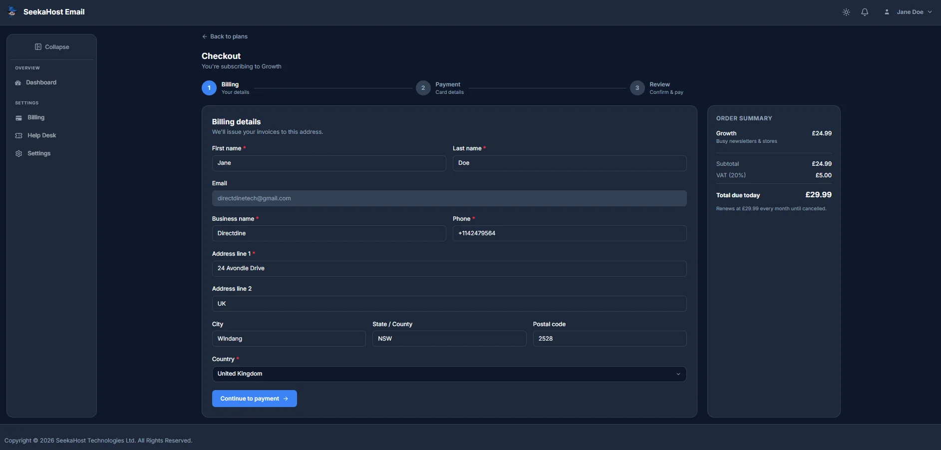 The Billing step of checkout, with contact and address fields and an order summary showing the plan, subtotal, VAT and total due