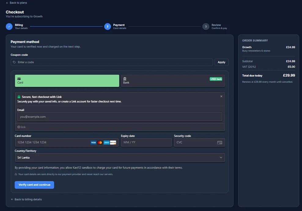 The Payment step of checkout, with card number, expiry, security code fields and a coupon code field