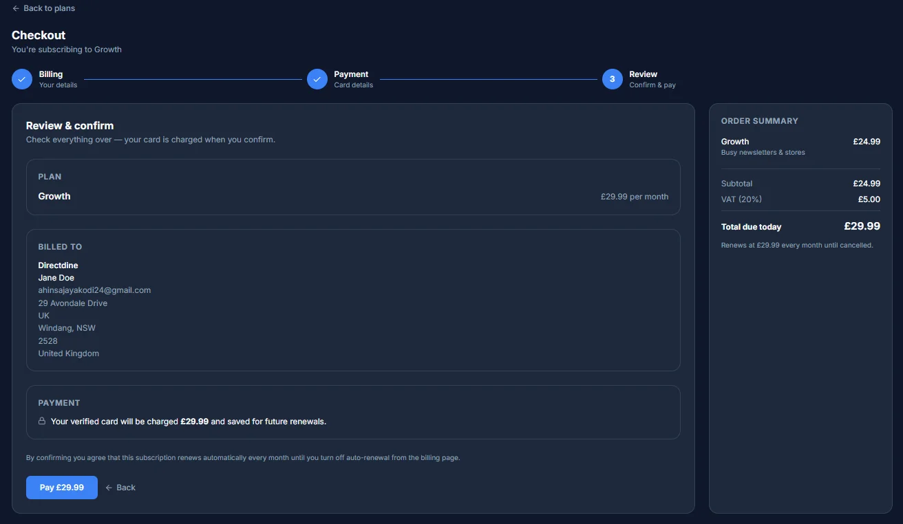 The Review and confirm step of checkout, showing the plan, billing details and payment summary before confirming
