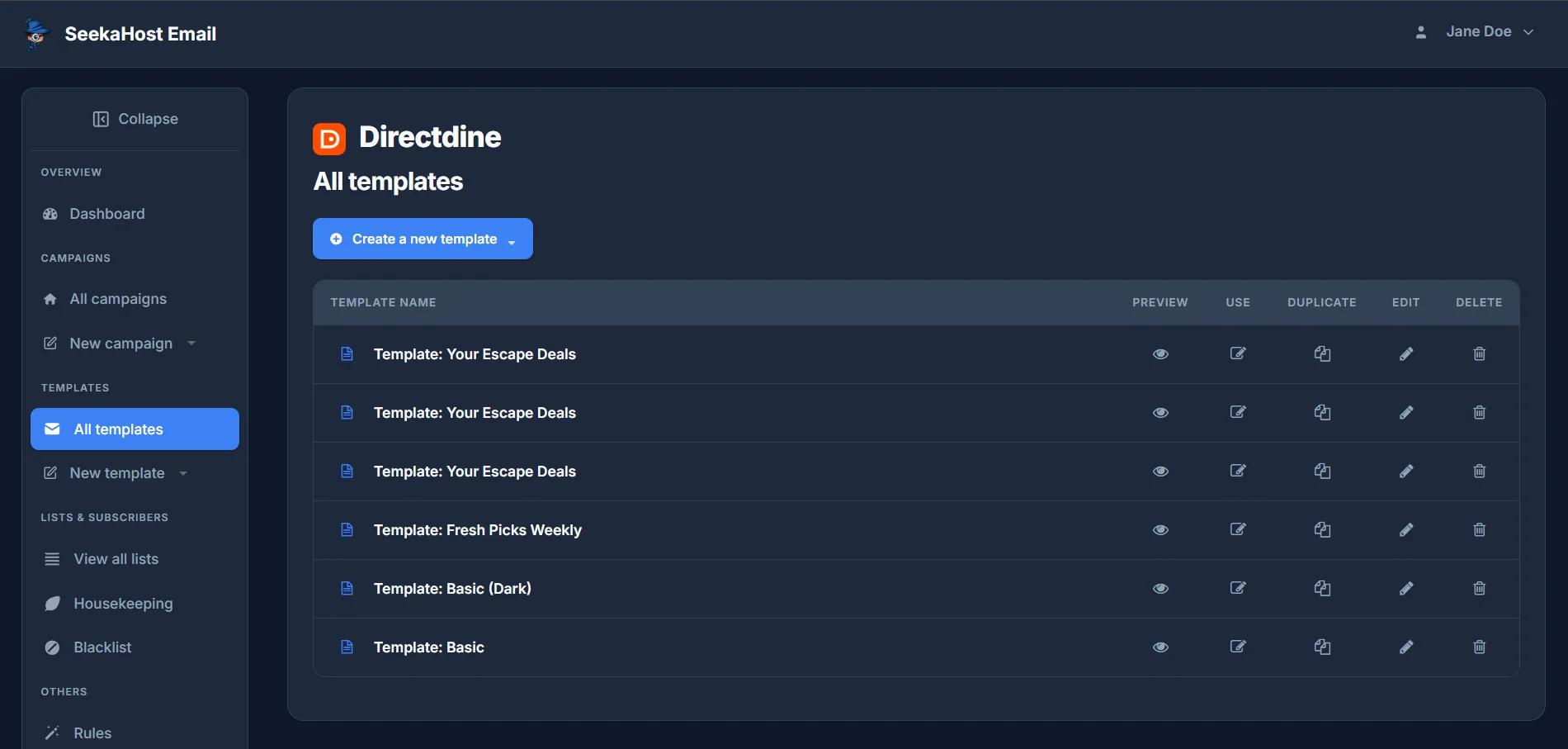 The All templates page, listing saved templates with Preview, Use, Duplicate, Edit and Delete actions