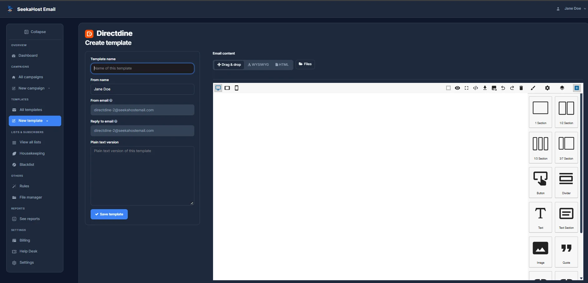 The Create template page, with the template details form on the left and the empty email content editor on the right