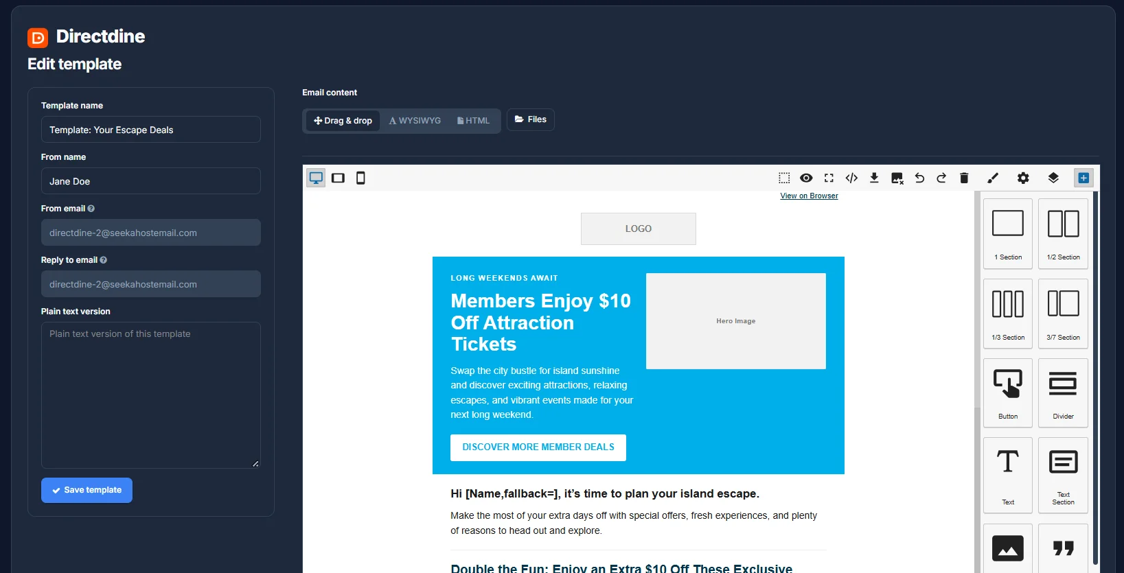 The Edit template page, with an existing template's content loaded into the editor