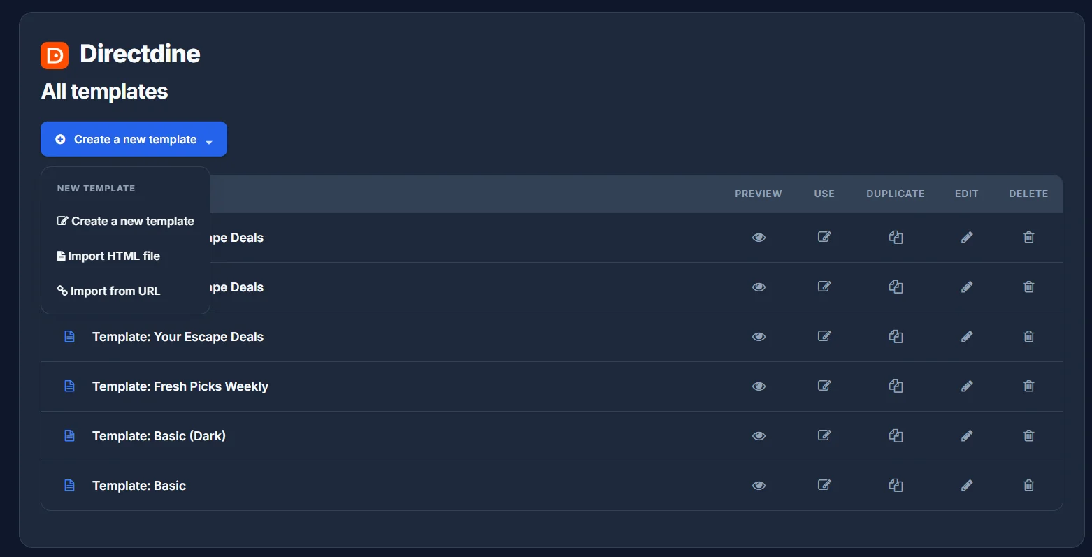 The new-template menu, with options to create a new template, import an HTML file, or import from a URL