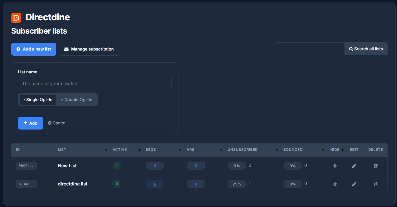 The Add a new list form, with a list name field and a Single Opt-In / Double Opt-In choice