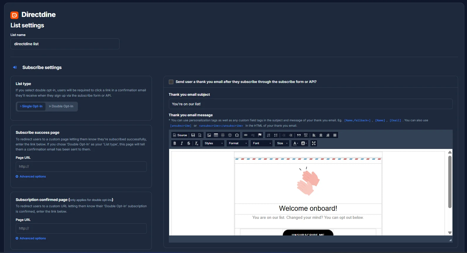 The List settings page's Subscribe settings, with List type, Subscribe success page and a thank you email editor