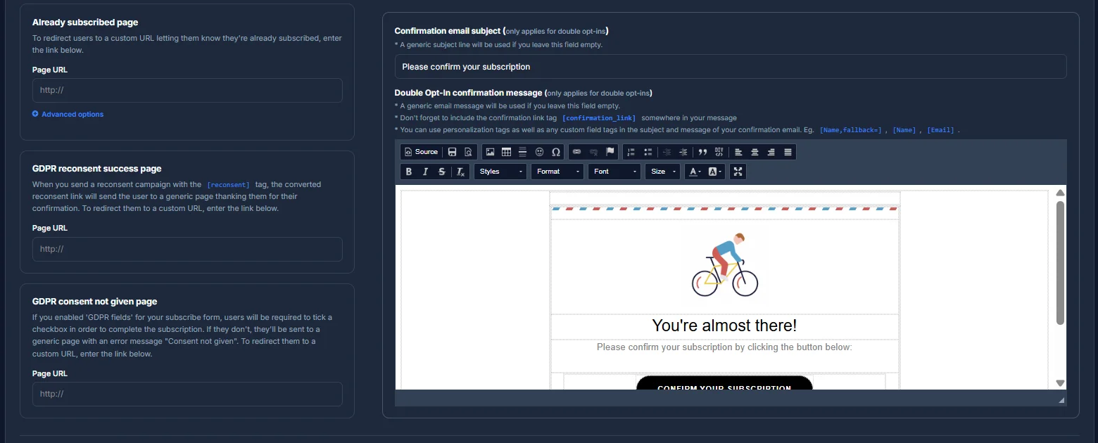 The rest of the Subscribe settings, with the already-subscribed page, GDPR pages, and the double opt-in confirmation email