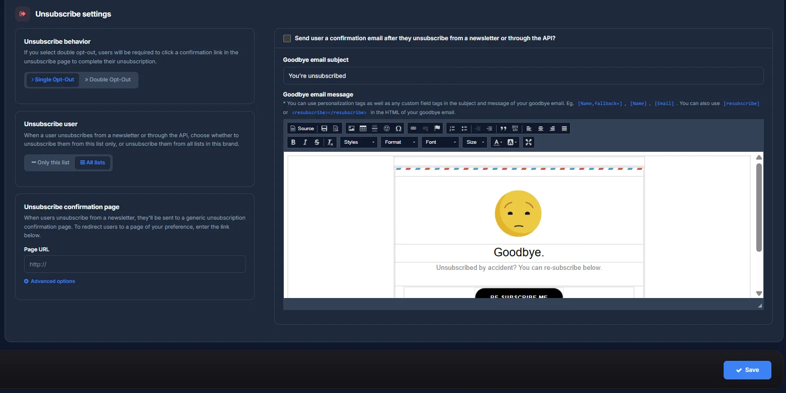 The List settings page's Unsubscribe settings, with opt-out behavior, unsubscribe scope and a goodbye email editor