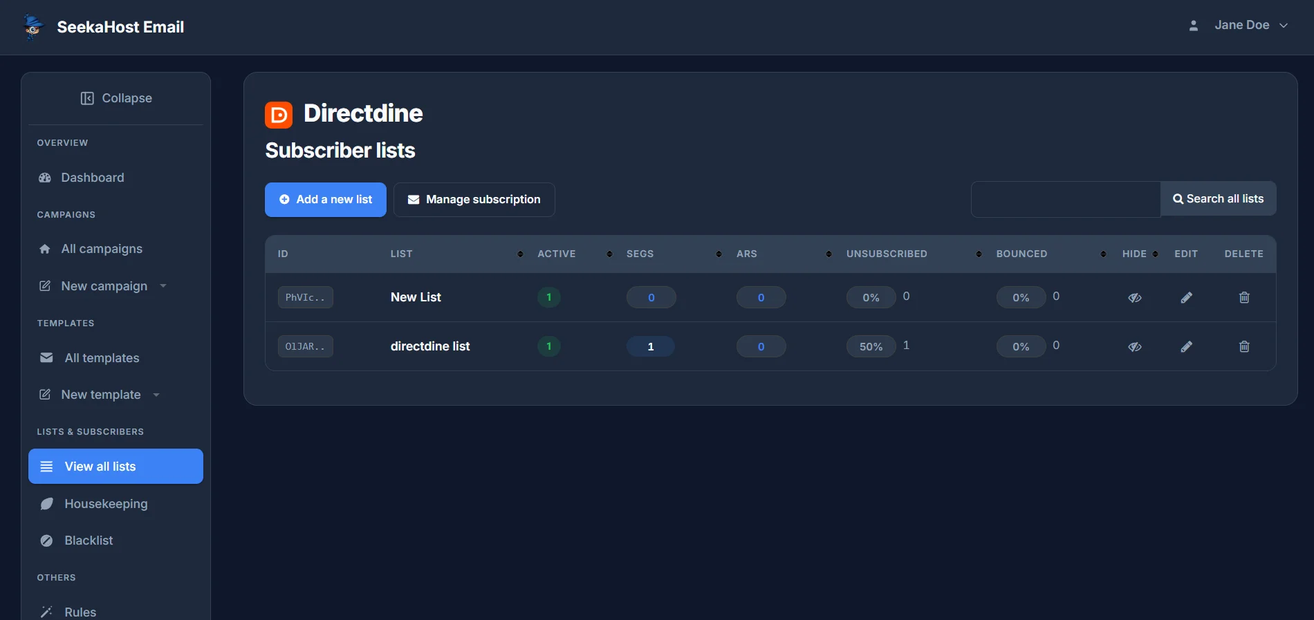 The Subscriber lists page, with a table of existing lists and their active, unsubscribed and bounced counts