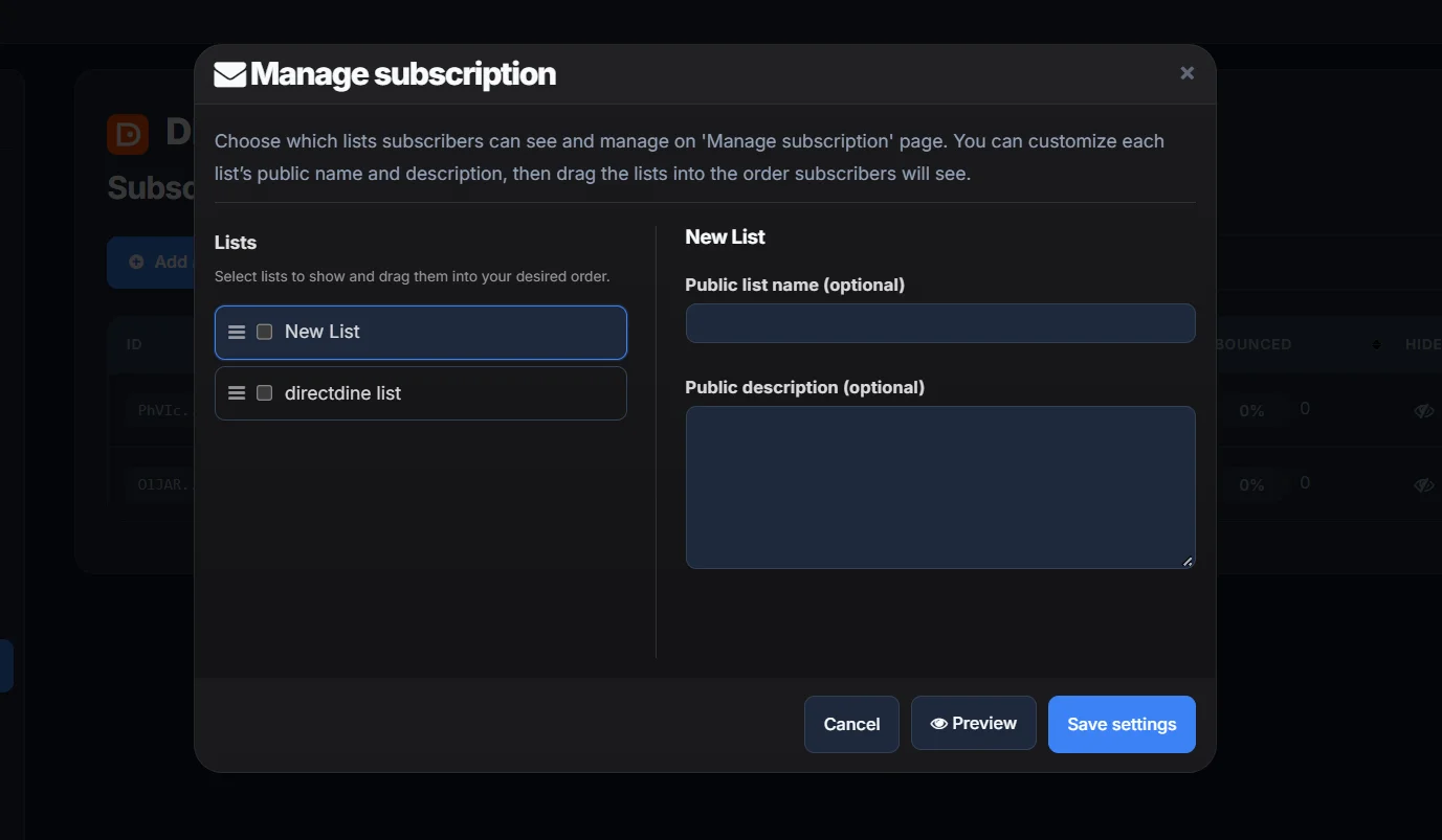 The Manage subscription modal, with a list of your lists to show, drag-to-reorder, and a public name and description for the selected one