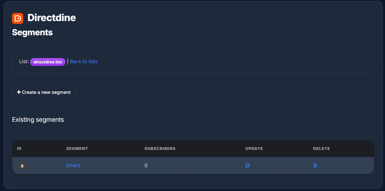 The Segments page, listing existing segments with their subscriber counts