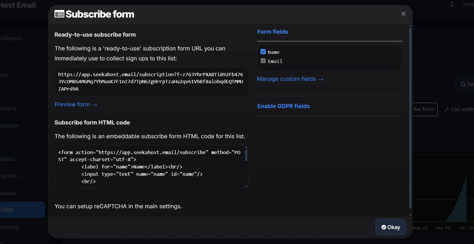 The Subscribe form modal, with a ready-to-use URL, embeddable HTML code, form fields and a GDPR fields option