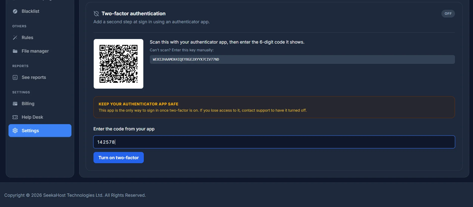 The two-factor setup screen, with a QR code, a manual entry key, a safety warning, and a field to enter the 6-digit code