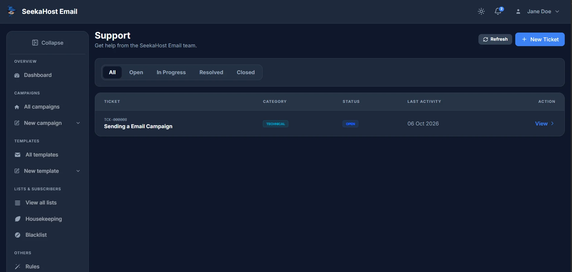 The Support list with one ticket, showing its category, status and last activity date