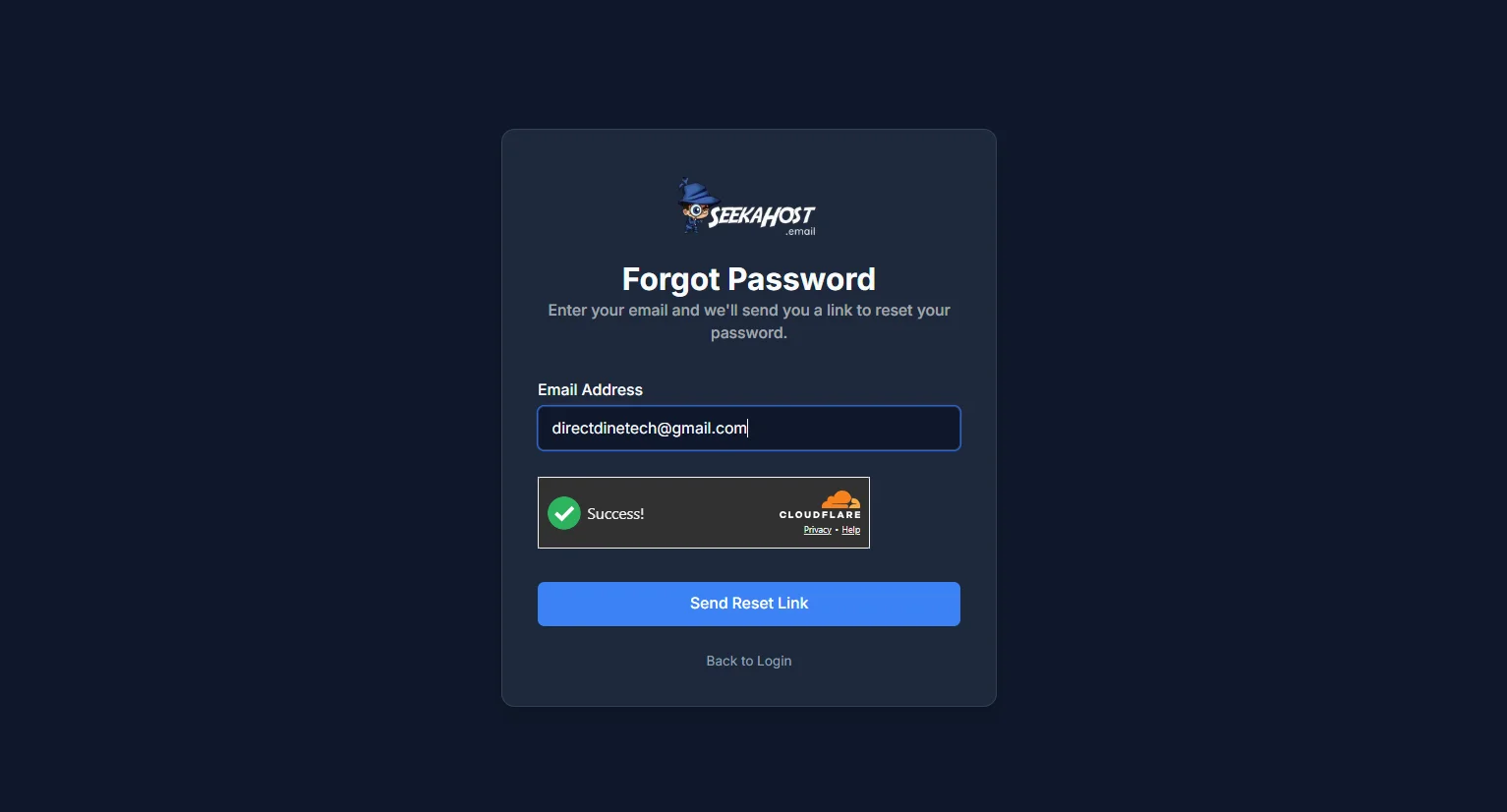 The Forgot Password page, with an email address entered and a Send Reset Link button