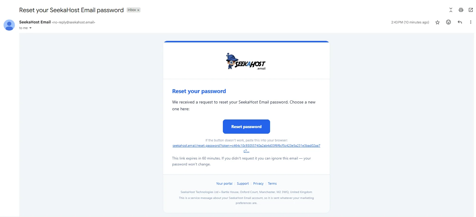 The "Reset your SeekaHost Email password" email, with a Reset password button and a note that the link expires in 60 minutes