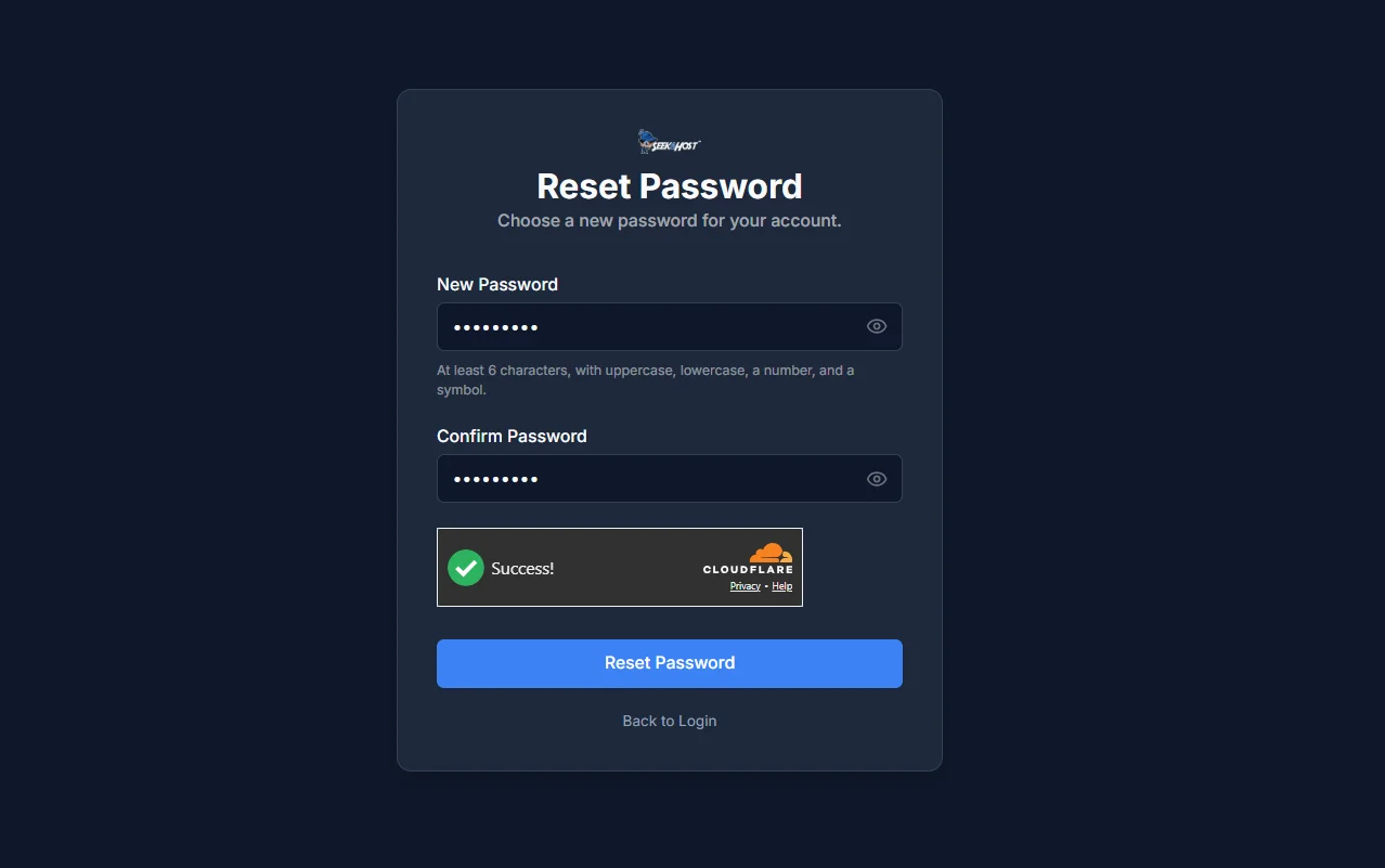 The Reset Password page, with New Password and Confirm Password fields and the password requirements listed