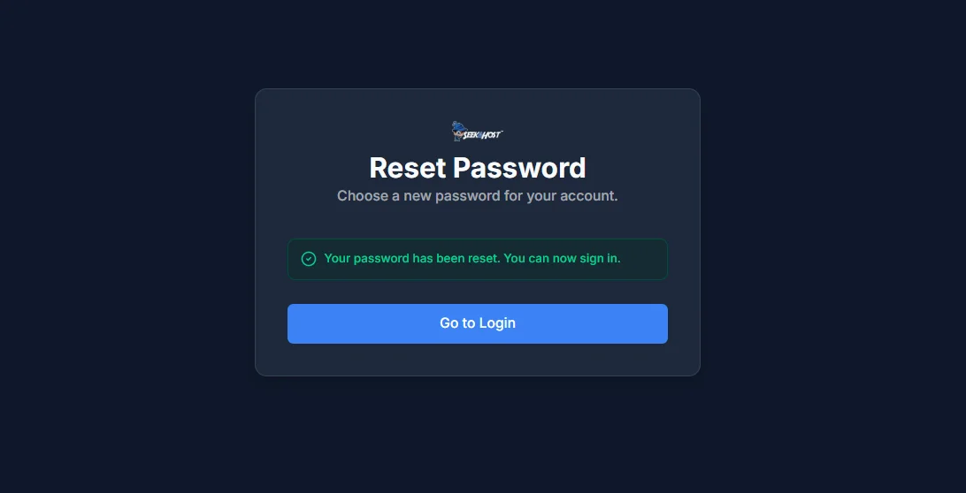 The confirmation screen reading "Your password has been reset. You can now sign in." with a Go to Login button