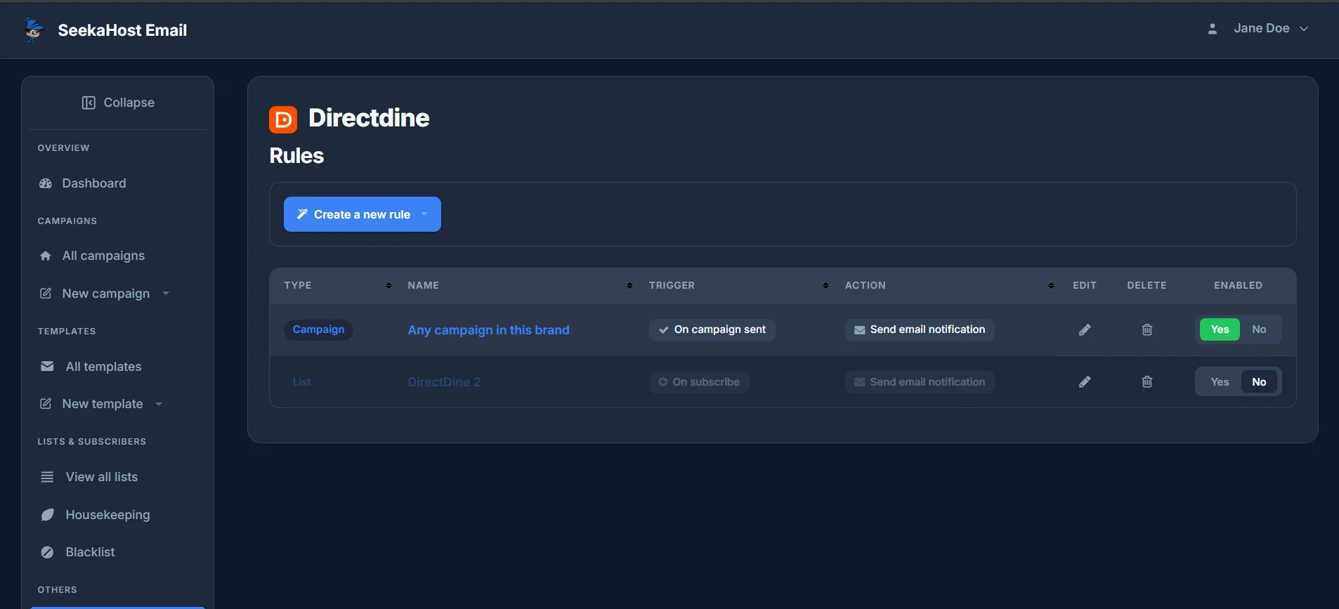 The Rules list, showing a campaign-wide rule and a list-specific rule with their triggers, actions and an Enabled toggle