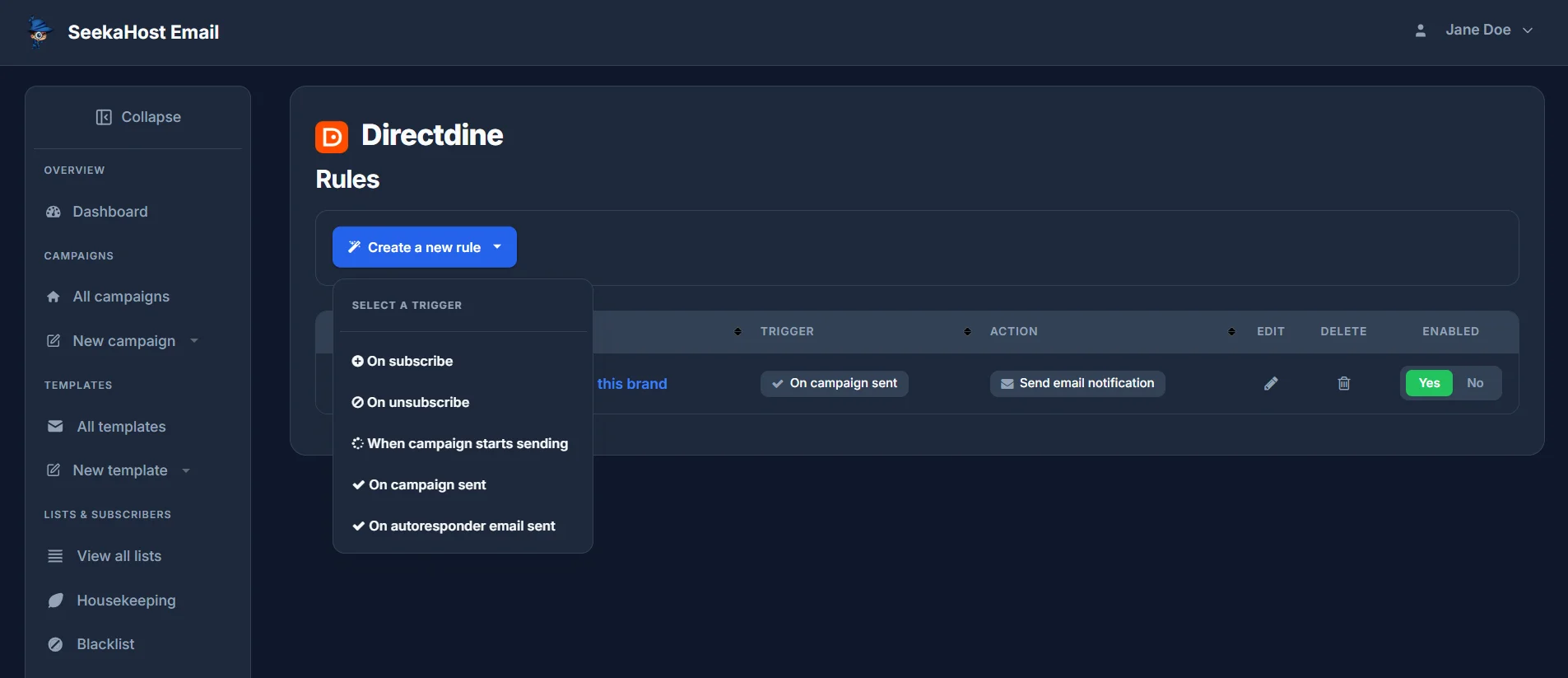 The Create a new rule dropdown, listing the five available triggers