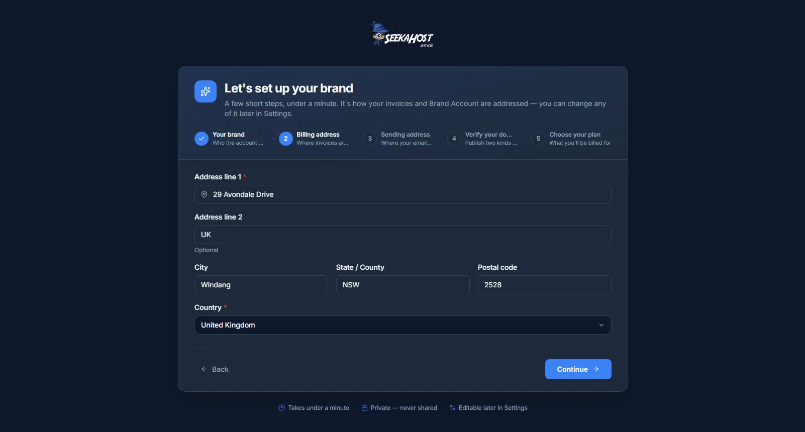 The Billing address step of the setup wizard