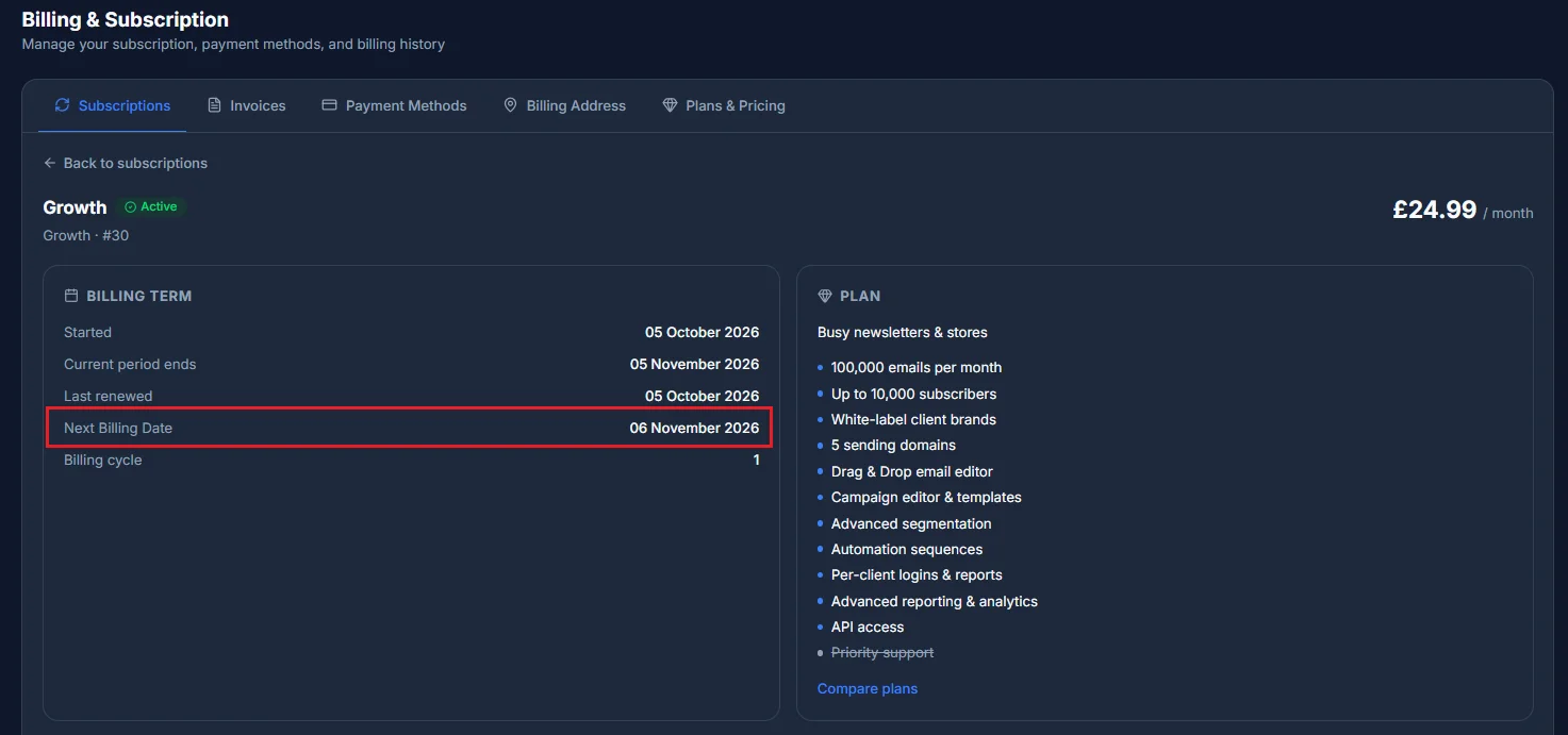 The subscription detail page, with Next Billing Date shown in its Billing Term section