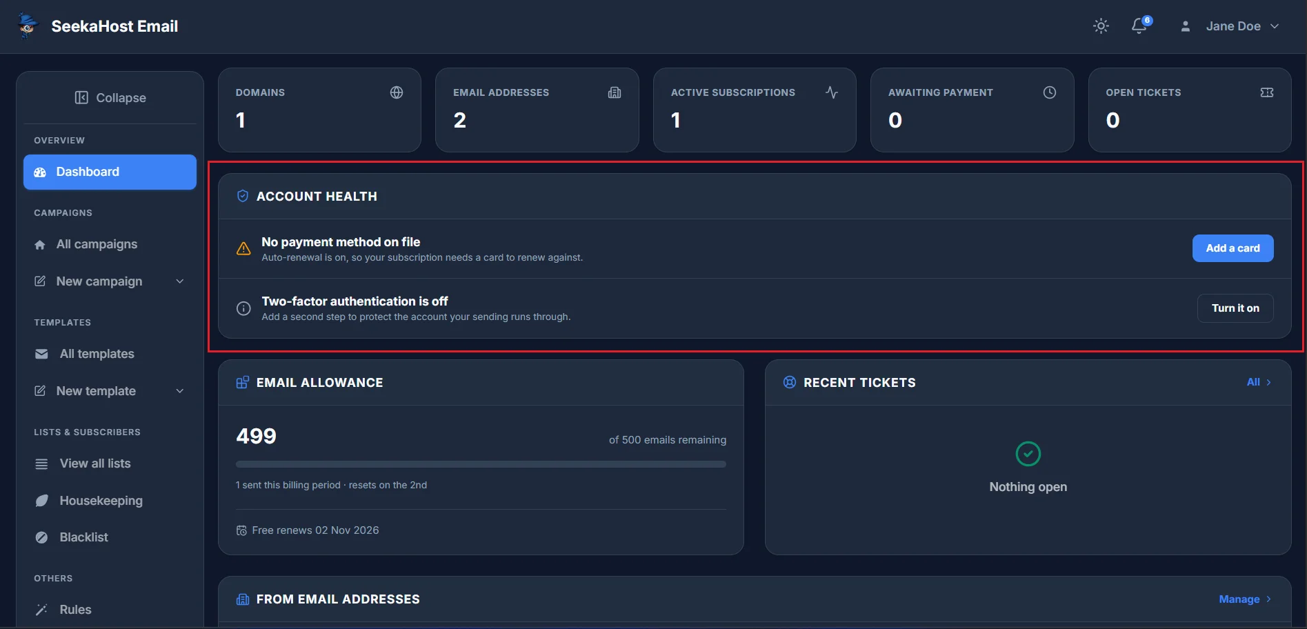 The Account health card flagging a missing payment method and two-factor authentication being off, each with a one-click fix on the right