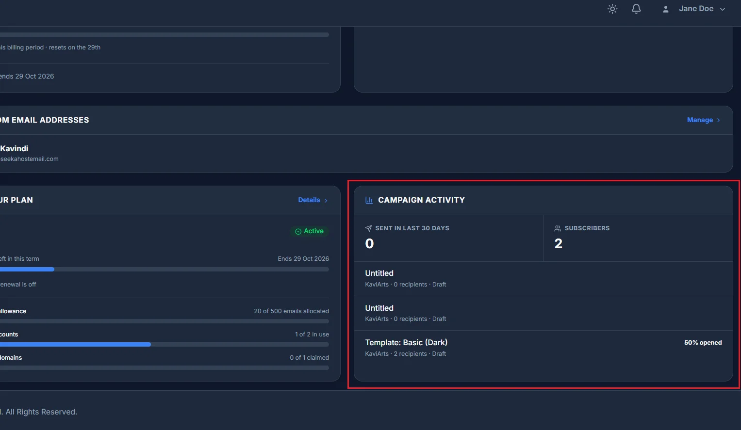 The Campaign activity card, showing emails sent in the last 30 days, subscriber count and a list of recent campaigns