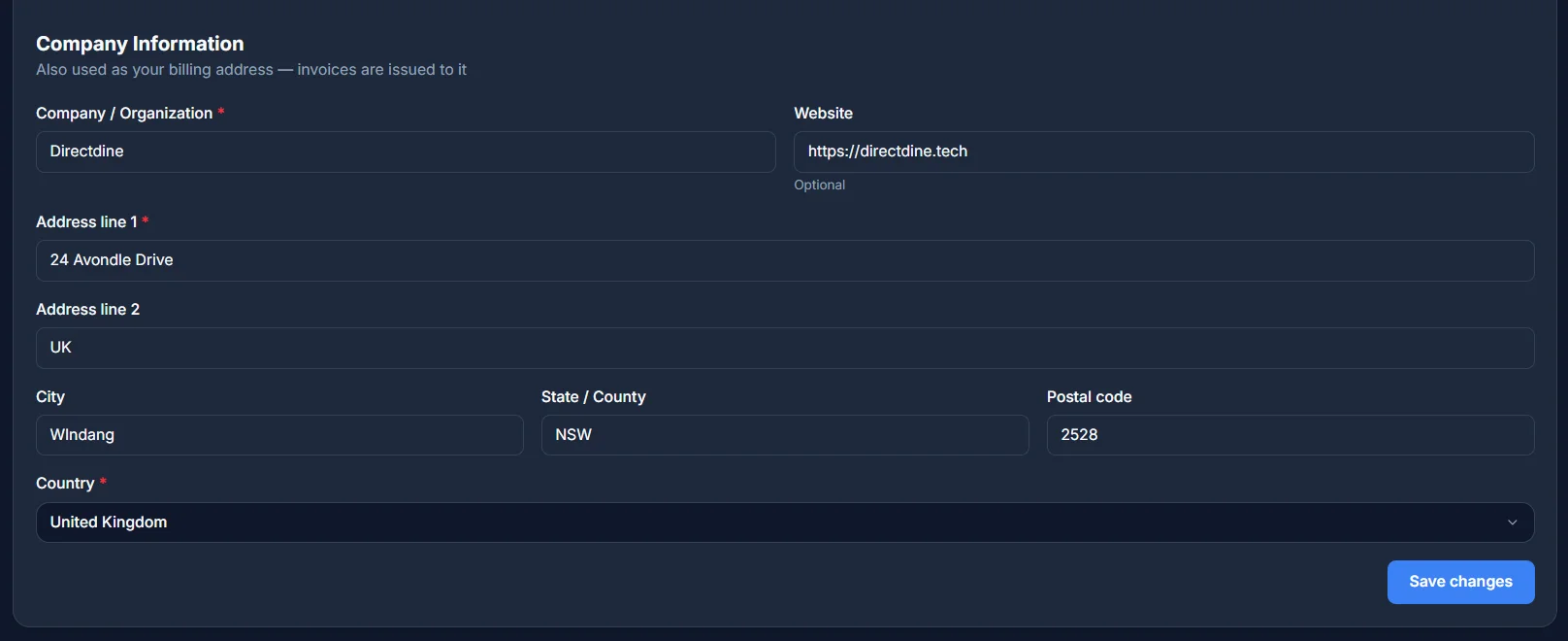 The Company Information section, with Company, Website, Address, City, State/County, Postal code and Country fields