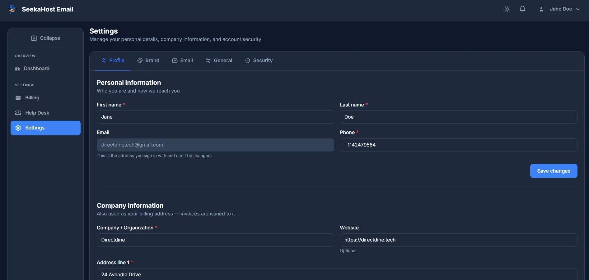 The Personal Information section under Settings → Profile, with First name, Last name, Email and Phone fields