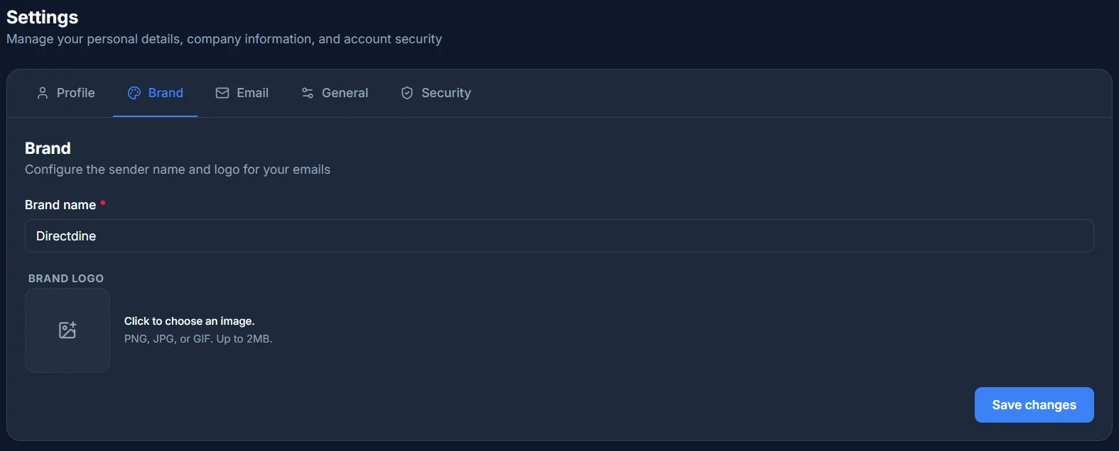 The Brand section under Settings, with a Brand name field and a Brand logo uploader
