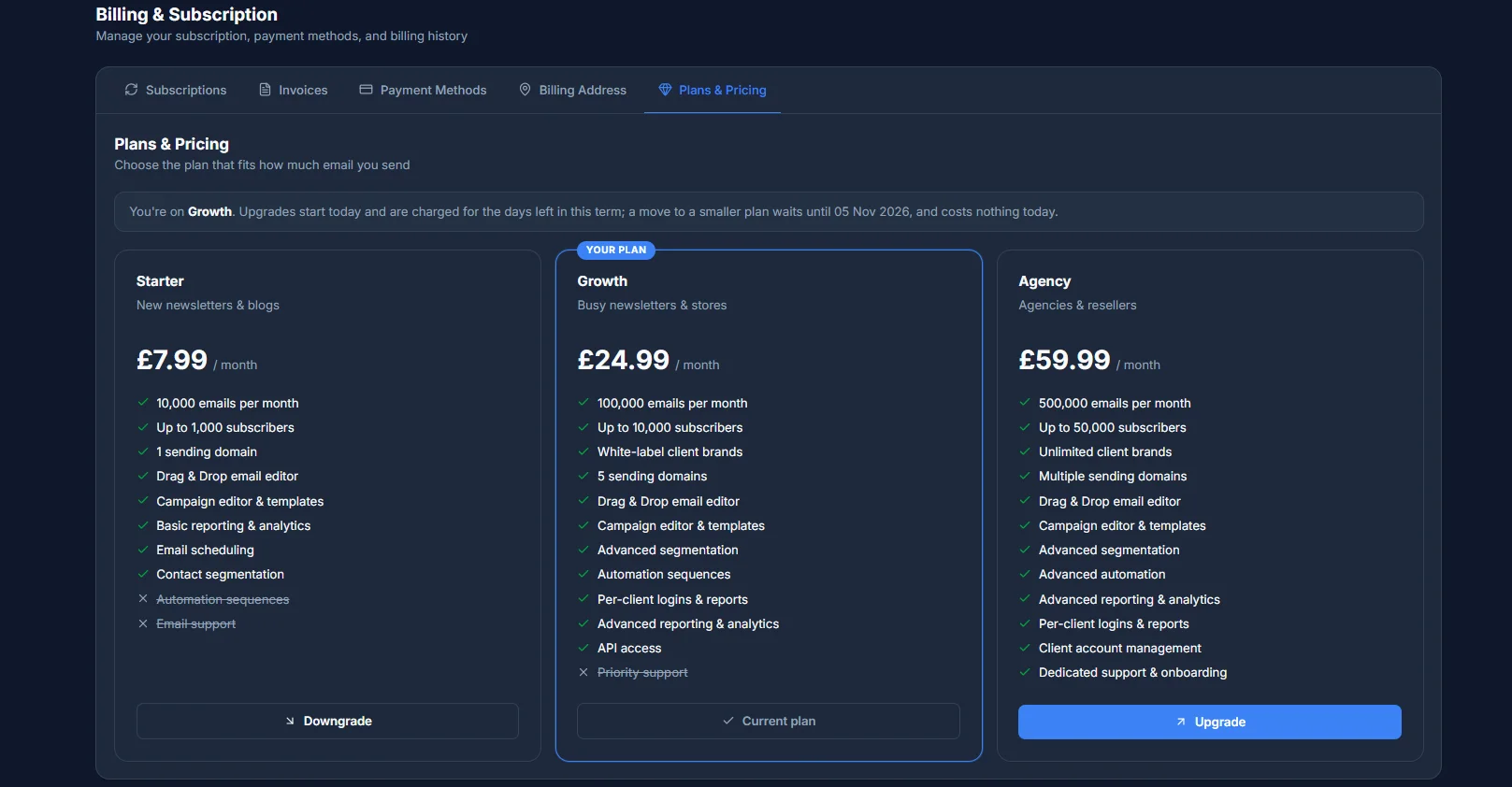 The Plans & Pricing page inside the portal, showing a Downgrade button on a lower plan, Current plan on the plan you're on, and an Upgrade button on a higher plan
