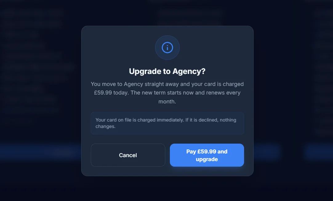 The upgrade confirmation dialog, showing the new plan, the amount charged today, and that a new term starts now